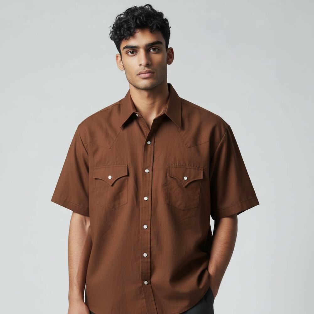 Vintage Western Plains Trading Co Mens XL Brown Pearl Snap Shirt Short Sleeve